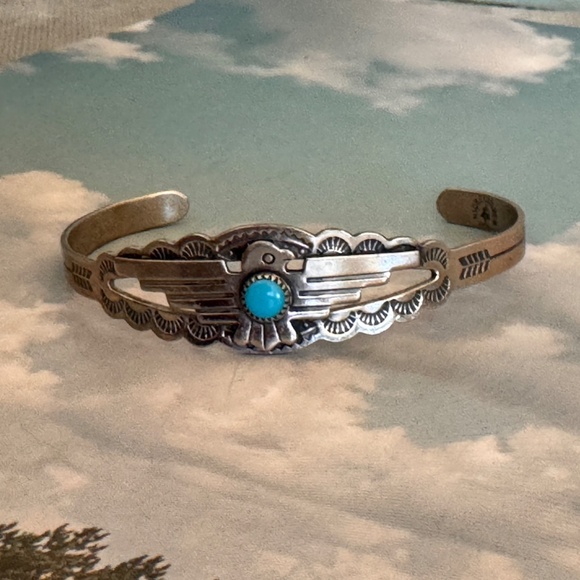 Vintage Bell Trading Post Nickel Silver Turquoise Thunderbird Bracelet Cuff - Picture 1 of 6
